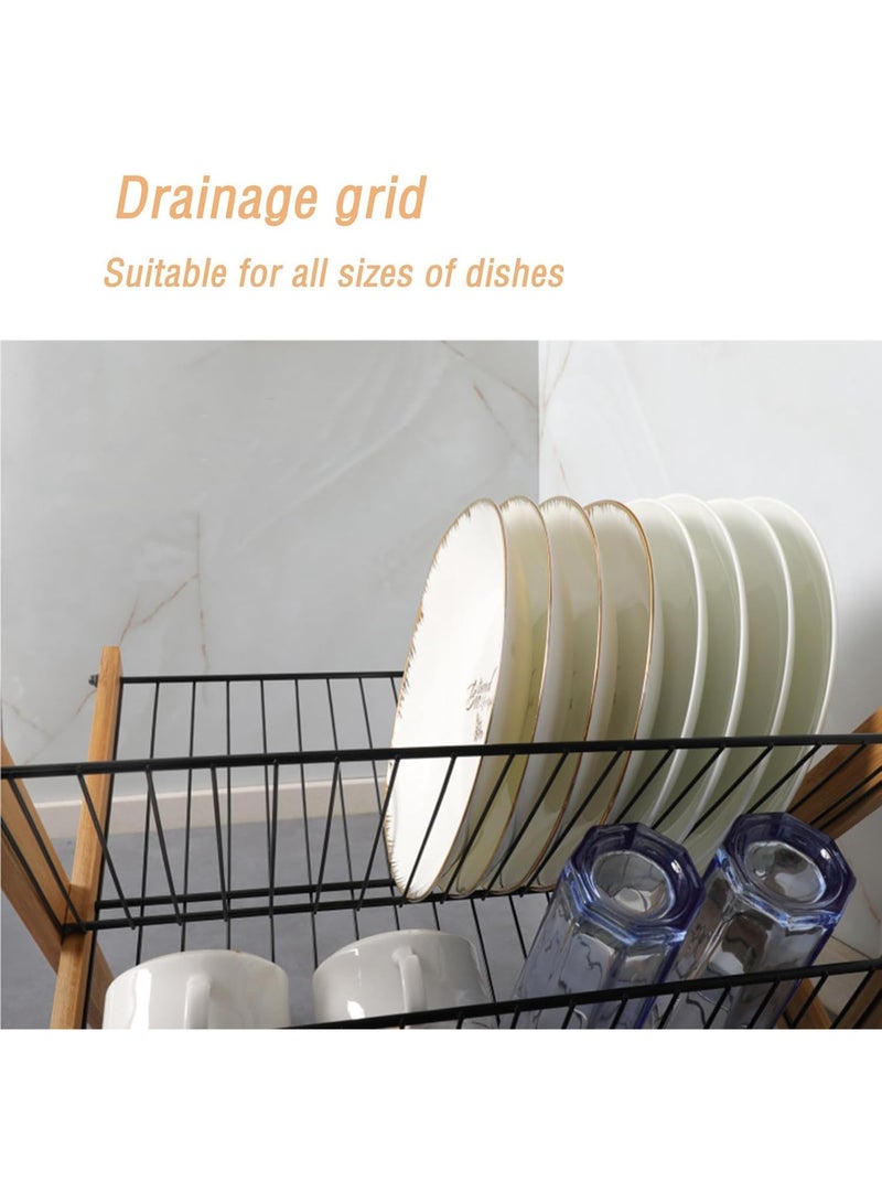 Orchid Wooden Dish Drying Rack 2 Tier, Bamboo Plate & Dish Organizer with Metal Wire Shelves, Kitchen Countertop Drying Stand, Space Saving Dish Drainer, Bamboo Kitchen Rack Dish Holder - Image 5